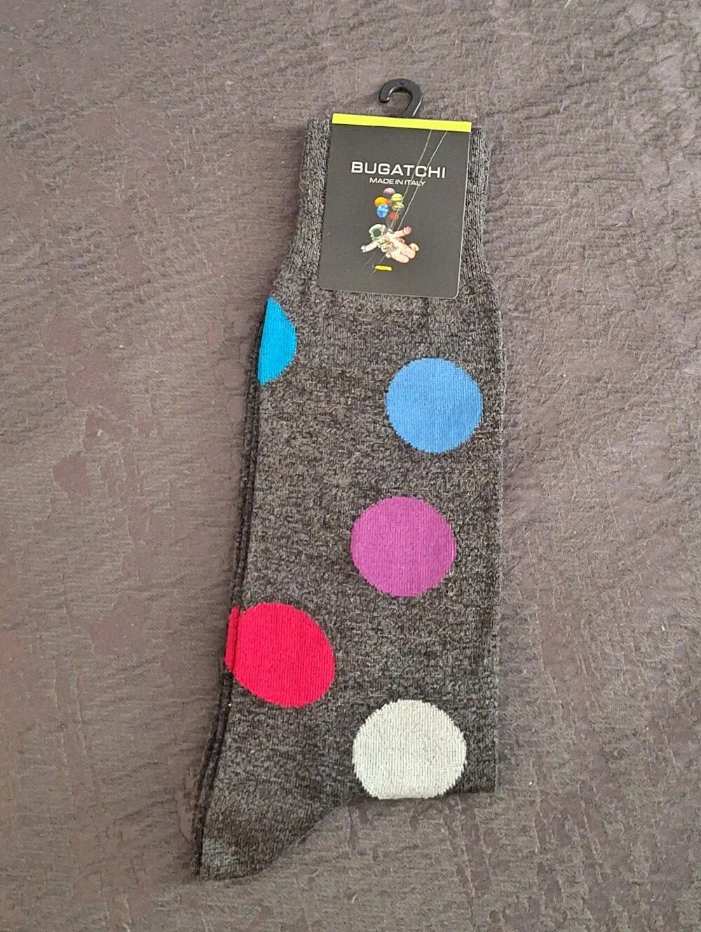 Bugatchi Gray Socks with Blue, Purple, Red & White Polka Dots